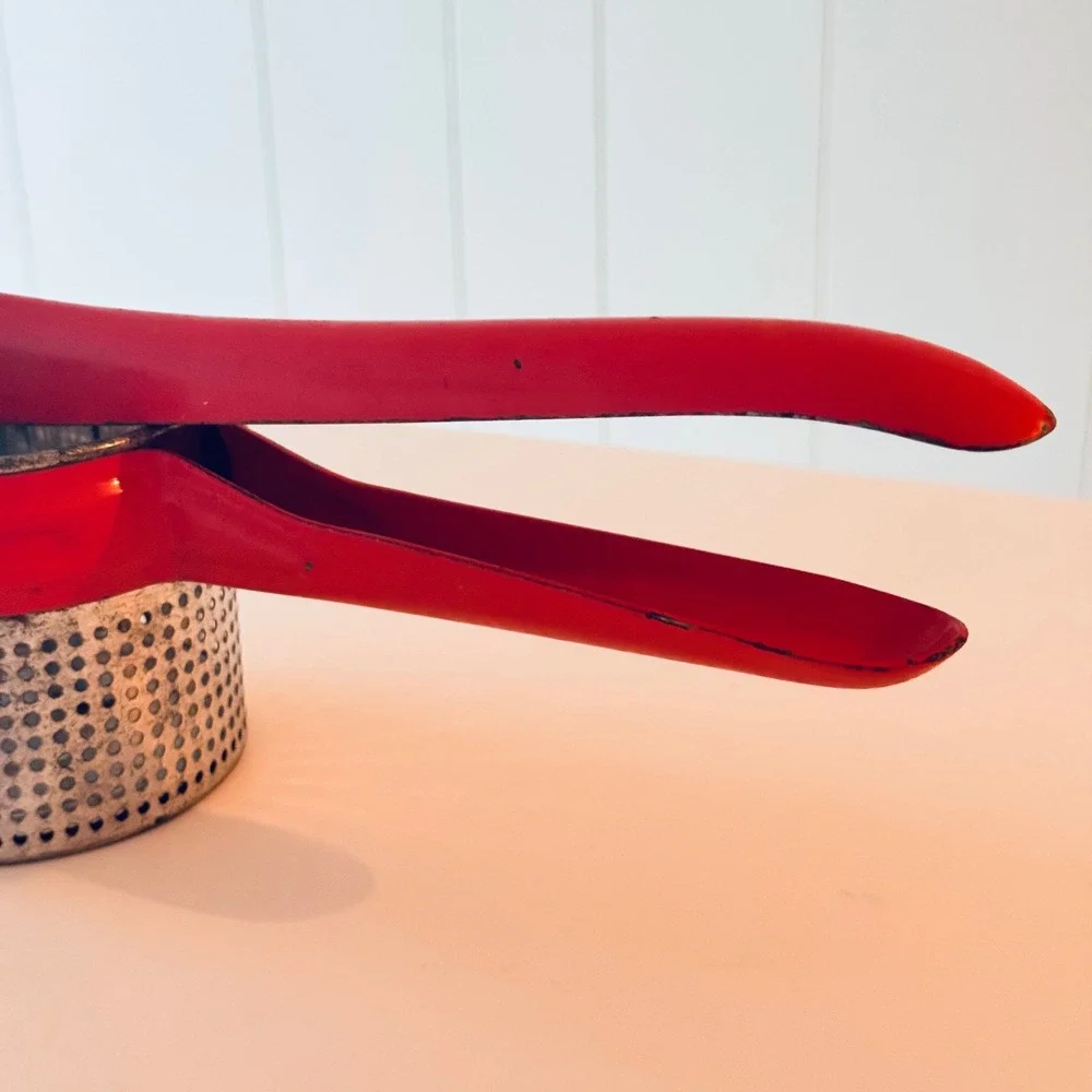 Vintage Red Metal Potato Ricer Fruit Press Kitchen Tool Farmhouse Cottage Decor